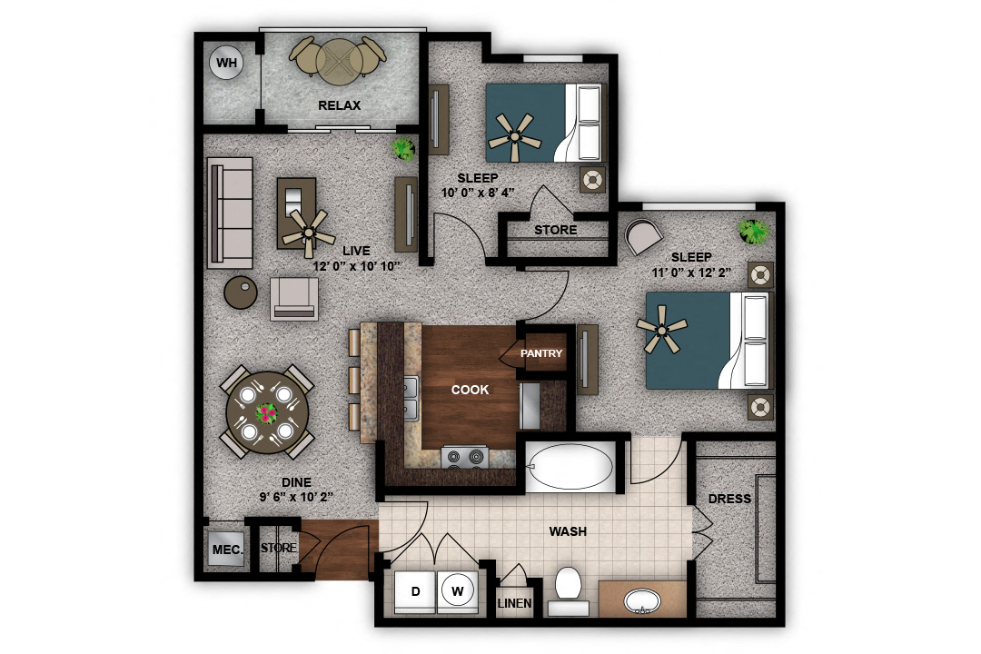 Floor plan for 2 beds, 1 bath, 1043 sqft
